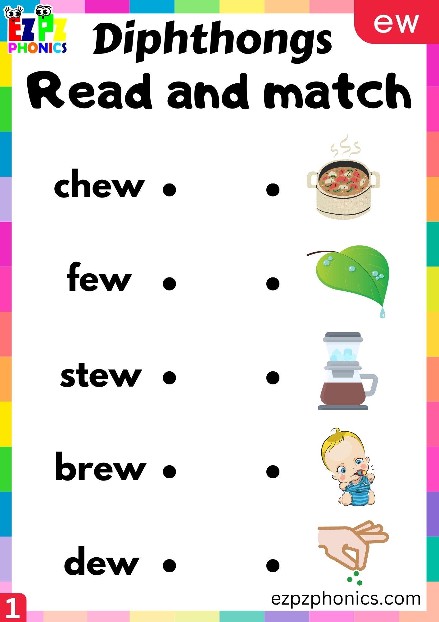 ew Diphthong Read and Match the Image Worksheet PDF Download